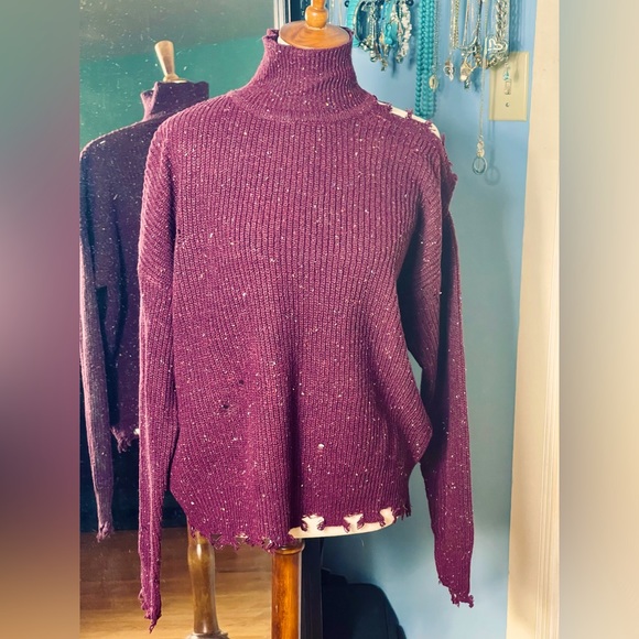 Zenana Distressed Turtle Neck Sweater - Picture 1 of 8